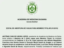 Novas vagas para Membro Titular da Academia de Medicina da Bahia