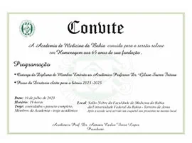 Convite para sessão solene em Homenagem ao 65 anos da Academia de Medicina da Bahia, no dia 10 de julho.